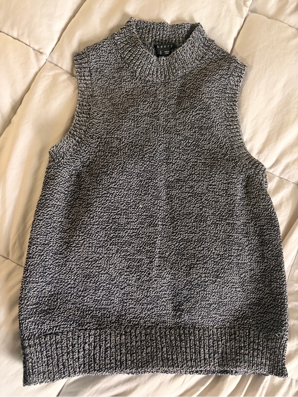 Theory Sleeveless Mock Neck Sweater Vest in Black and White Marled